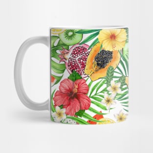 Tropical mix-fruit, flowers and leaves on white Mug